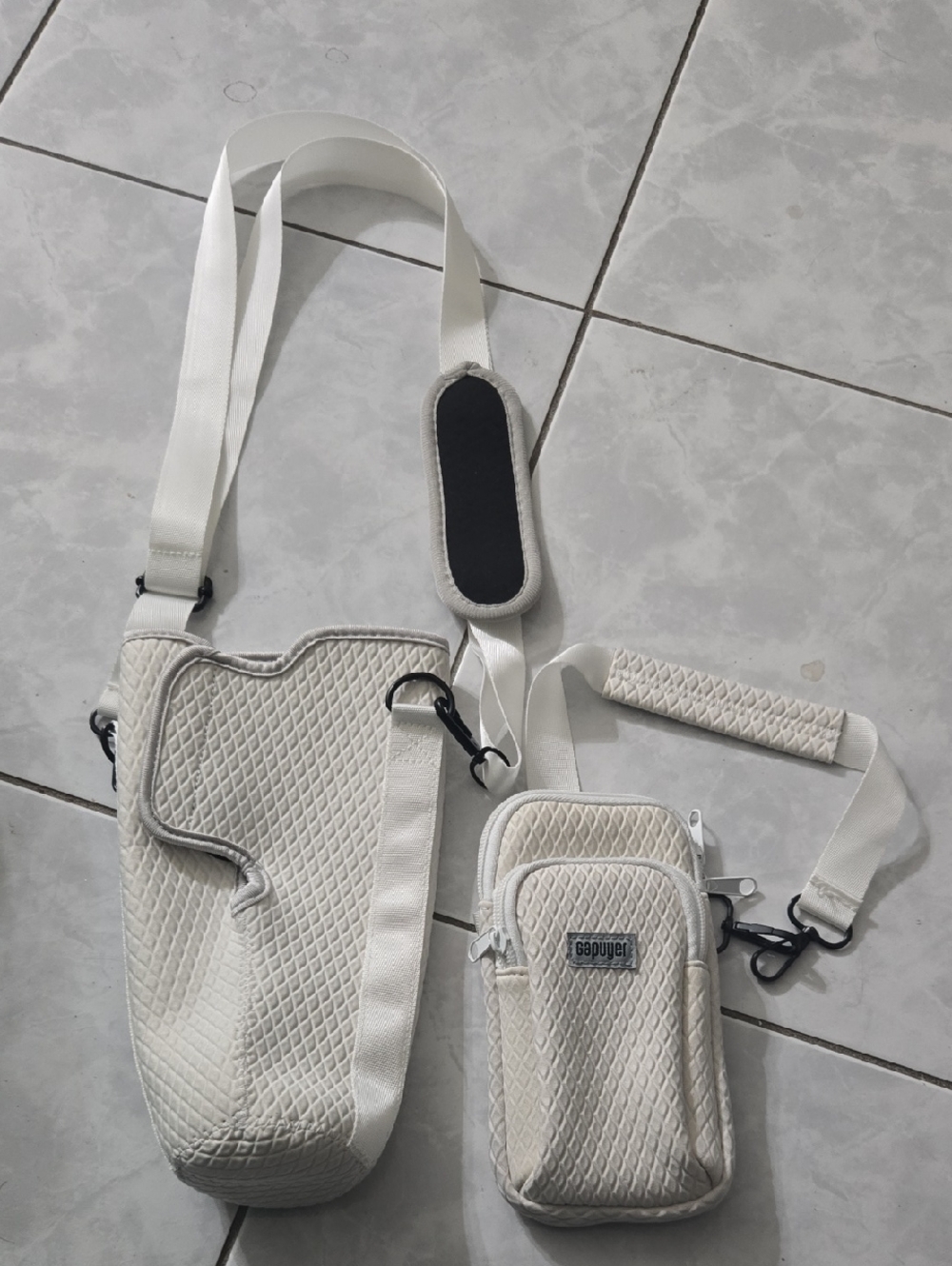 White Quilted 40oz Tumbler Holder Crossbody Bag & Phone/Accessories Pouch Set